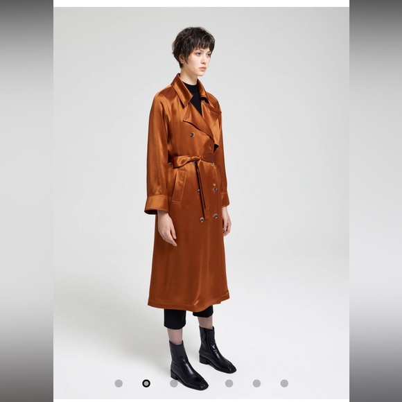 Latellier Silk Satin Like Double-Breasted Trench Coat Orange/Rust Jacket - Picture 1 of 6